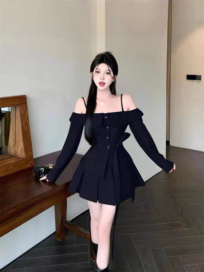 This year's popular fashion suit hot girl long-sleeved top half-length pleated skirt women's early autumn new temperament two-piece set A2257