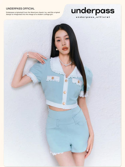 Underpass original design for the daughter of a wealthy woman, puff-sleeved short top, small fragrant style three-piece suit and culottes