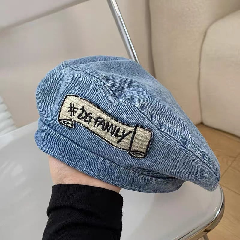Patch denim beret women's spring and summer Korean style all-match face-showing little bud painter's hat Japanese style big head hat