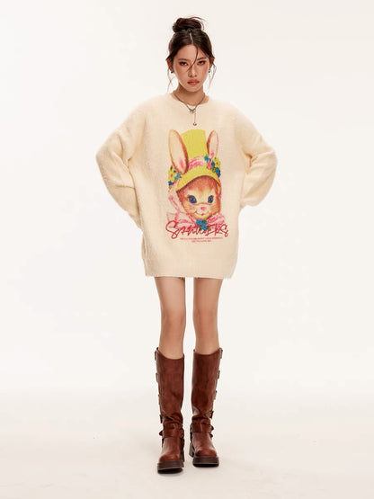 Sanowers cute cartoon rabbit print imitation rabbit velvet sweater women's new autumn loose lazy style knitted top (S0559)