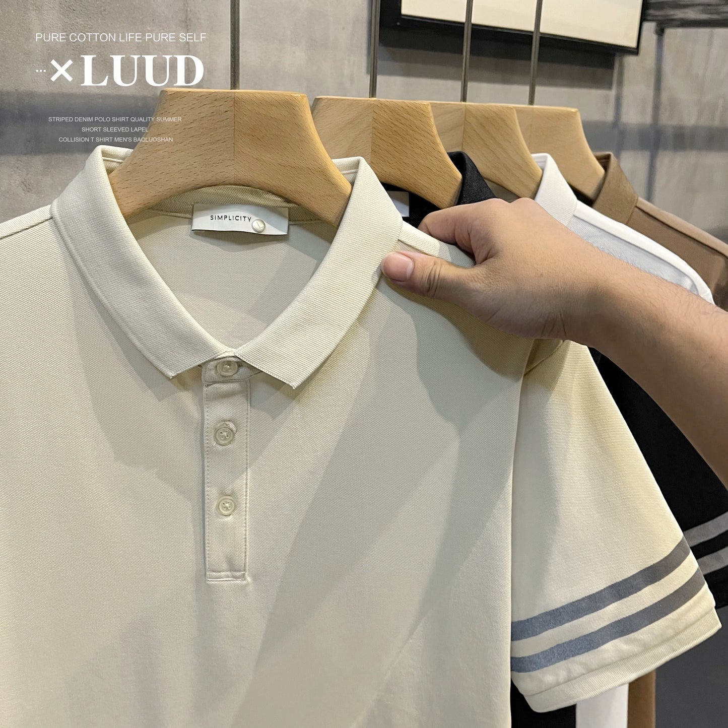LUUD simple two-bar men's lapel polo shirt summer retro short-sleeved slim Paul casual top trend