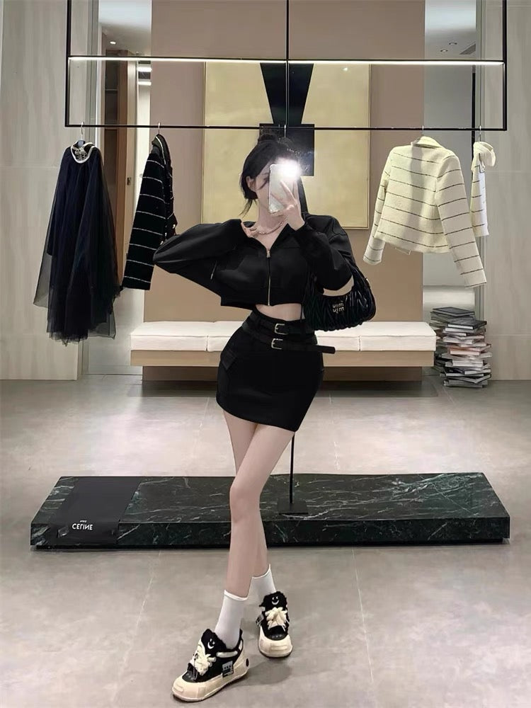 Street fashion cool Internet celebrity suit female autumn hooded sweater jacket + hot girl sexy bag hip skirt two-piece set l