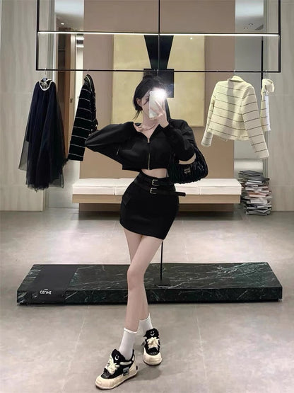 Street fashion cool Internet celebrity suit female autumn hooded sweater jacket + hot girl sexy bag hip skirt two-piece set l