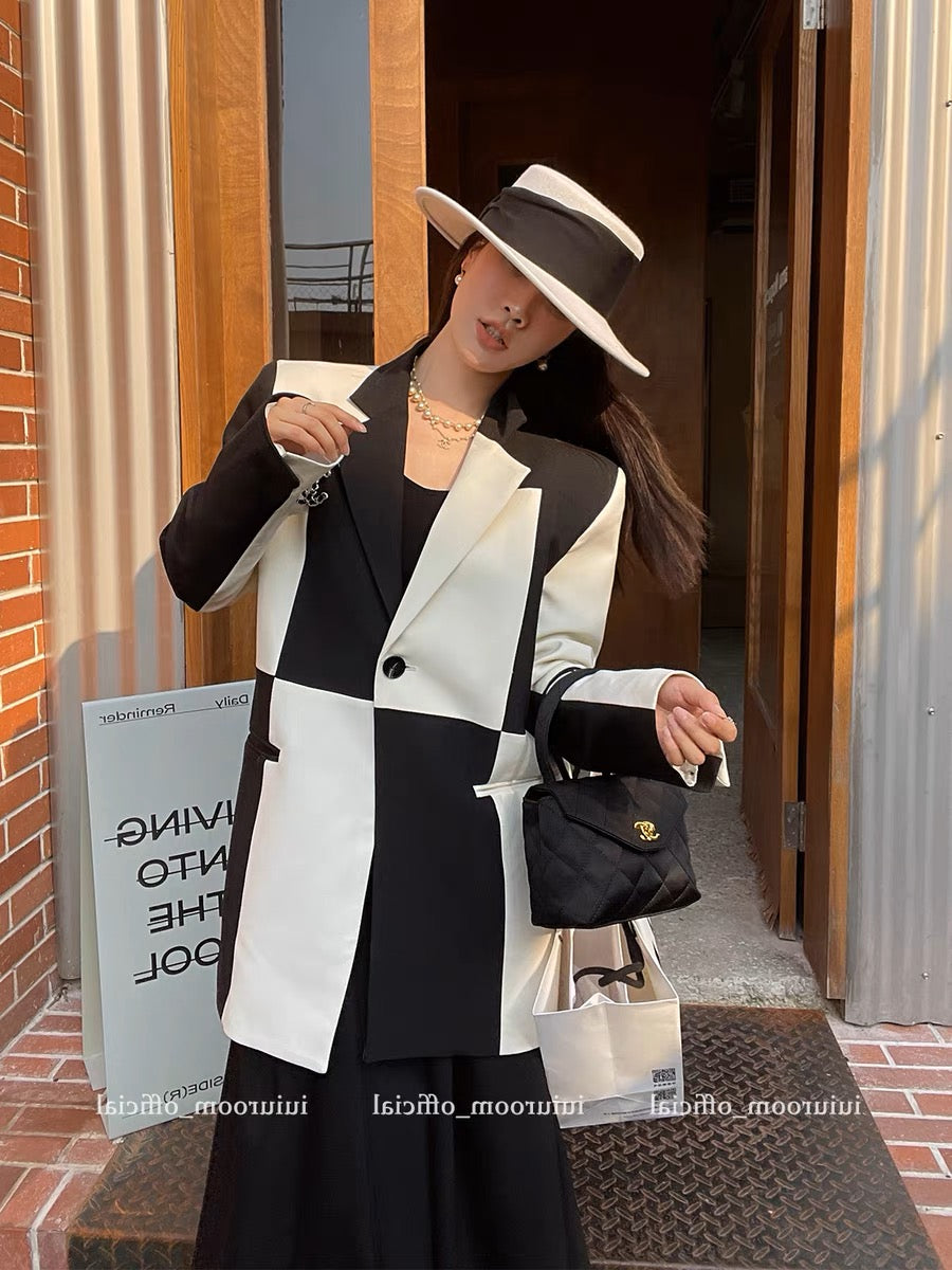 Spring and Autumn New Women's Clothing Hong Kong Style Retro Splicing Contrast Color Suit Jacket Women's Korean Loose Mid-Length Suit Top