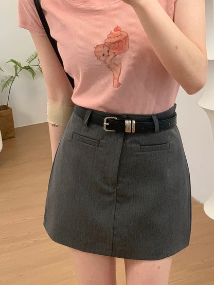 RENA with belt American girl college style high waist slim and small summer A-line anti-lost suit skirt