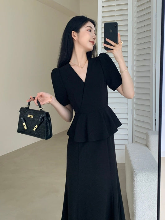 FT GUOGE black dress female 2024 summer new fake two-piece temperament slim V-neck long skirt
