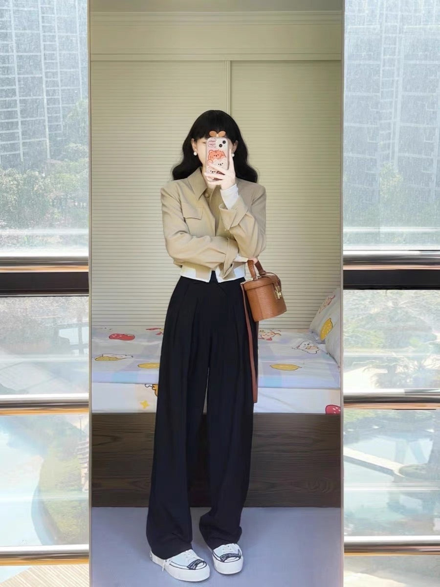 Frosty high-end suit autumn fashion foreign style small fragrance short jacket coat wide-leg pants two-piece set for women