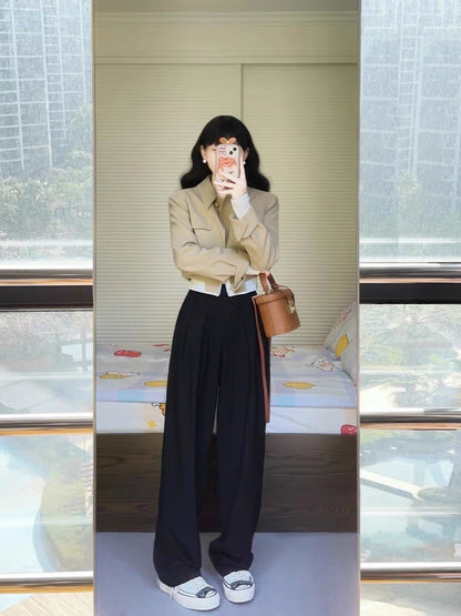 Frosty high-end suit autumn fashion foreign style small fragrance short jacket coat wide-leg pants two-piece set for women