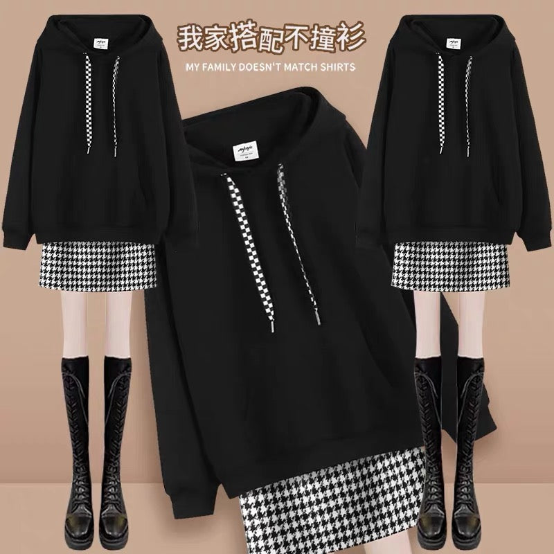 High-end loose drawstring hooded sweatshirt for women 2023 spring and autumn woolen skirt houndstooth skirt two-piece suit (S0343)