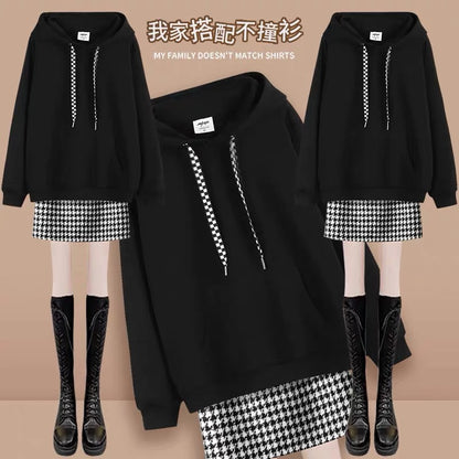 High-end loose drawstring hooded sweatshirt for women 2023 spring and autumn woolen skirt houndstooth skirt two-piece suit (S0343)