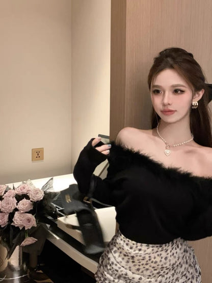 Autumn pure lust hottie sexy one-shoulder fur collar stitching long-sleeved T-shirt top women's short inner layering shirt