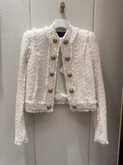 French ladylike temperament short coat for women 2023 spring new style light mature style double-breasted tweed small fragrant style top