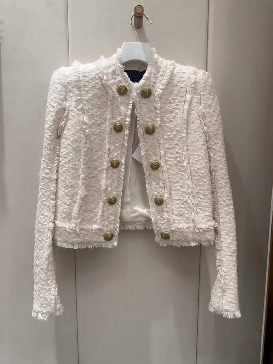 French ladylike temperament short coat for women 2023 spring new style light mature style double-breasted tweed small fragrant style top