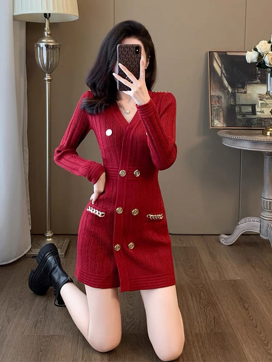 Lady style V-neck zodiac year knitted little red skirt women's autumn and winter new design double-breasted hip-hugging dress D7794