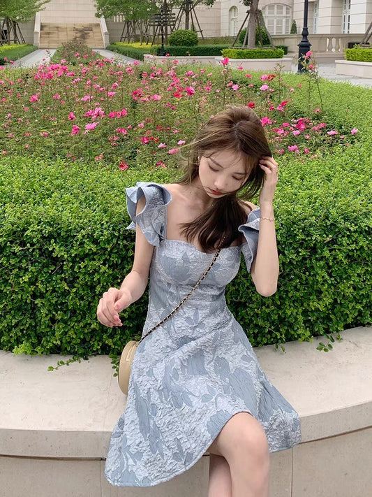 Juicecola French retro slim dress niche design embossed jacquard small flying sleeve skirt D628