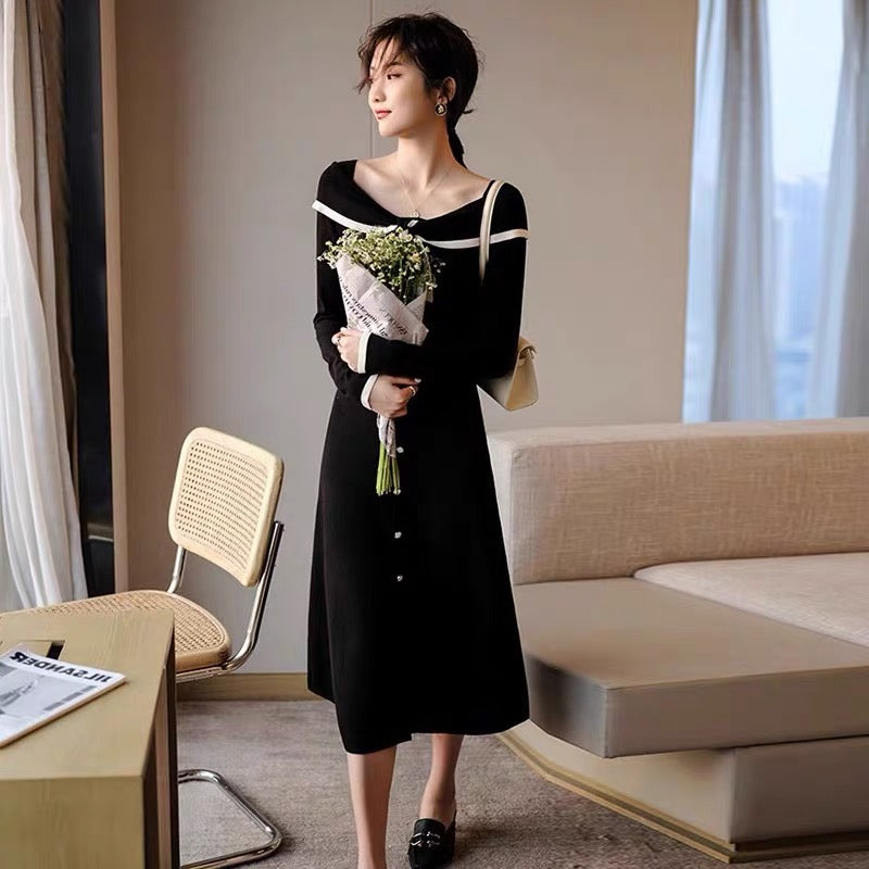 European station autumn clothing Internet celebrity new temperament little black skirt intellectual and elegant knitted shirt long skirt high-end dress