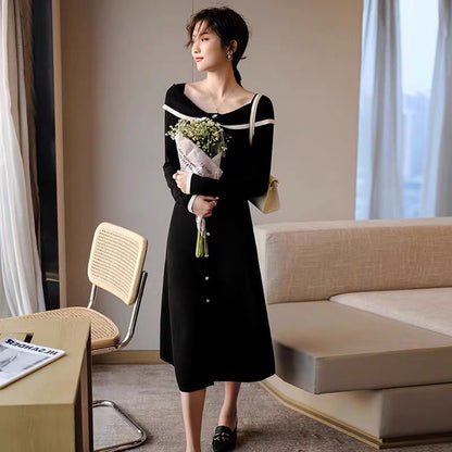 European station autumn clothing Internet celebrity new temperament little black skirt intellectual and elegant knitted shirt long skirt high-end dress