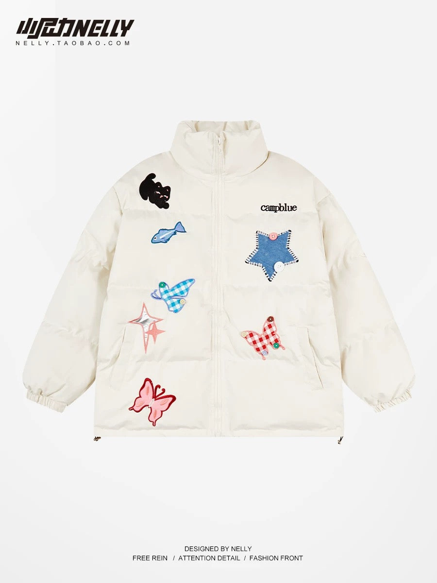 American retro trendy brand butterfly five-pointed star warm and cute bread coat cotton coat jacket for men and women winter cotton coat and jacket