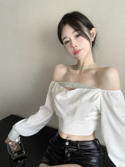 French babes sexy one-shoulder swing collar temperament long-sleeved shirt female design sense short chic top autumn