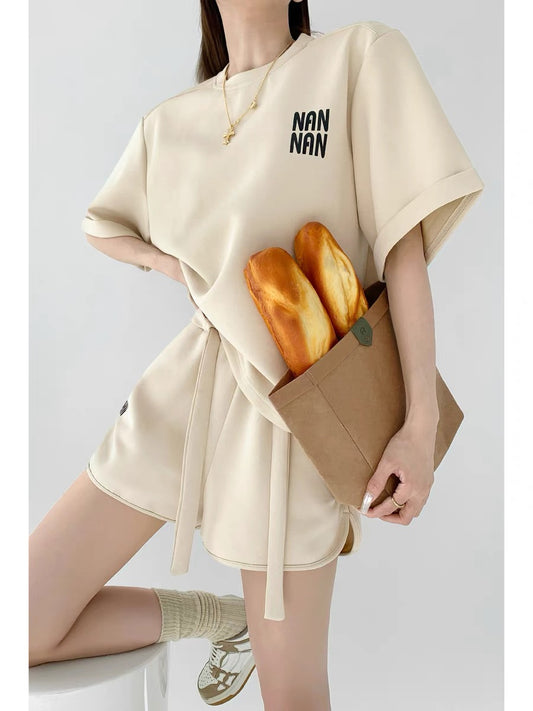 Zhang Xiaonai/American blogger loose casual summer two-piece suit female round neck short-sleeved T-shirt + loose wide-leg shorts