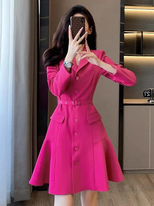 High-end light luxury and beautiful temperament dress women's autumn 2023 new model slim-fit rose red suit skirt for ladies