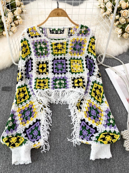 Fashion Lantern Long Sleeve Round Neck Contrast Color Hollow Tassel Short Knit Cardigan Cardigan Women's Casual Seaside Vacation Top