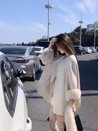 [Iceland Lovers] du family color fox fur double-sided woolen coat thick autumn and winter temperament cape style coat women's woolen coat A3312