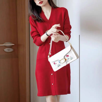 European station autumn and winter new style elegant and capable knitted mid-length foreign-style home-in-the-year toast dress dress