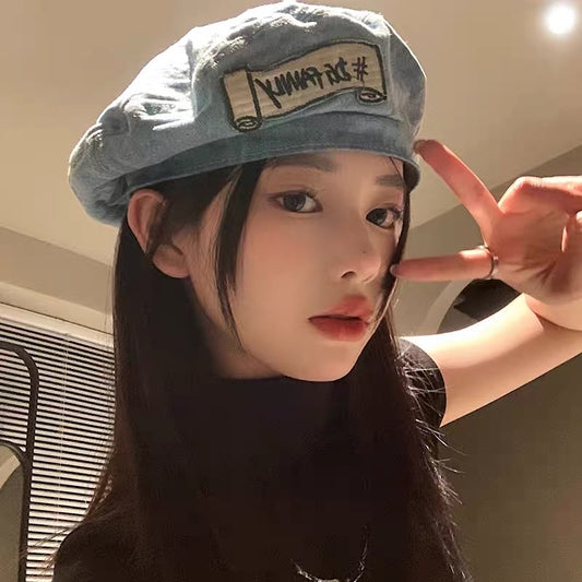Patch denim beret women's spring and summer Korean style all-match face-showing little bud painter's hat Japanese style big head hat