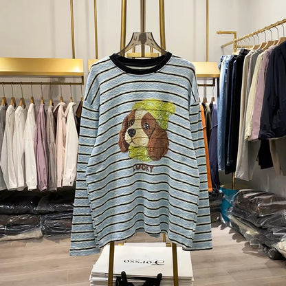 [Real-life shot from Xiao Ai's stall] Striped long-sleeve top featuring a puppy motif—American retro, loose, casual, and laid-back style with contrasting color stripes.