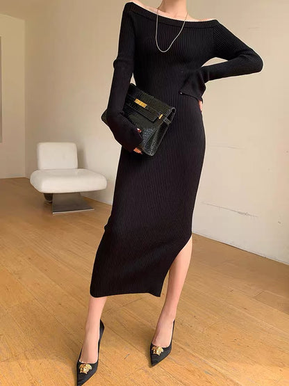 WANGXO long-sleeved one-shoulder knitted dress for women autumn 2023 new slim fit bottoming hip skirt (B1713)