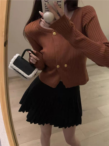 kumikumi design niche long-sleeved knitted cardigan women's 2023 autumn new slim fit short top (D6665)