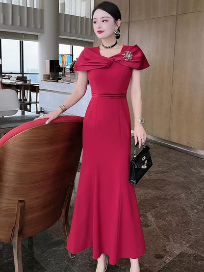 2024 Spring Elegant Feminine Slim Mermaid Banquet Dress Long Dress Noble Shoulder Goddess Dress