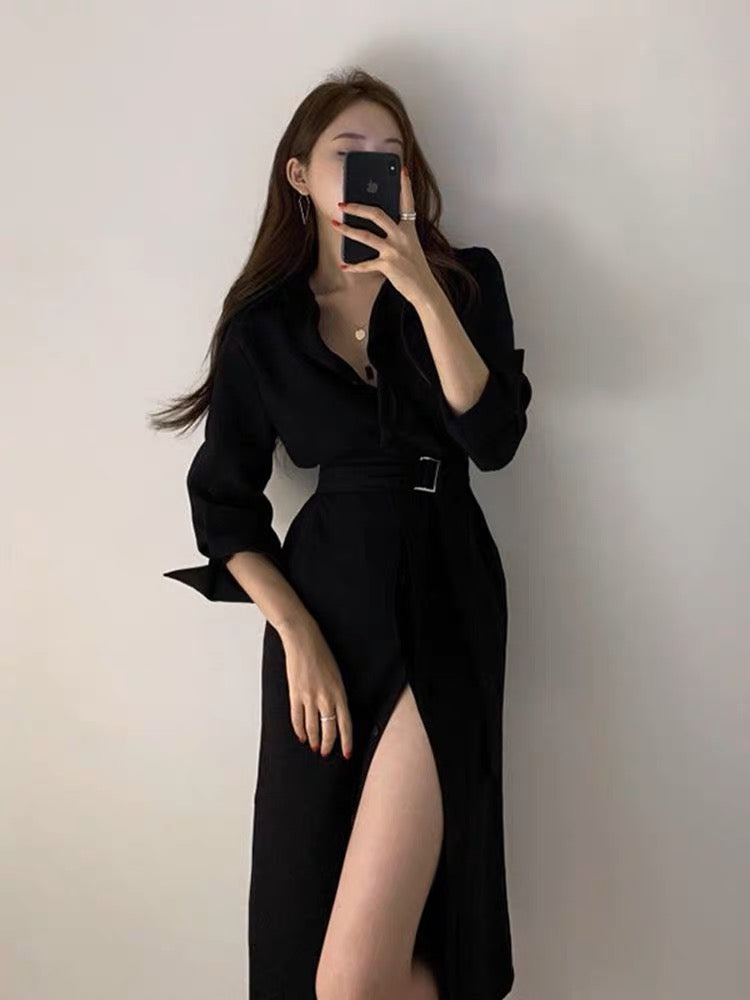 Korean chic French retro temperament single-breasted belt design mid-length shirt dress for women