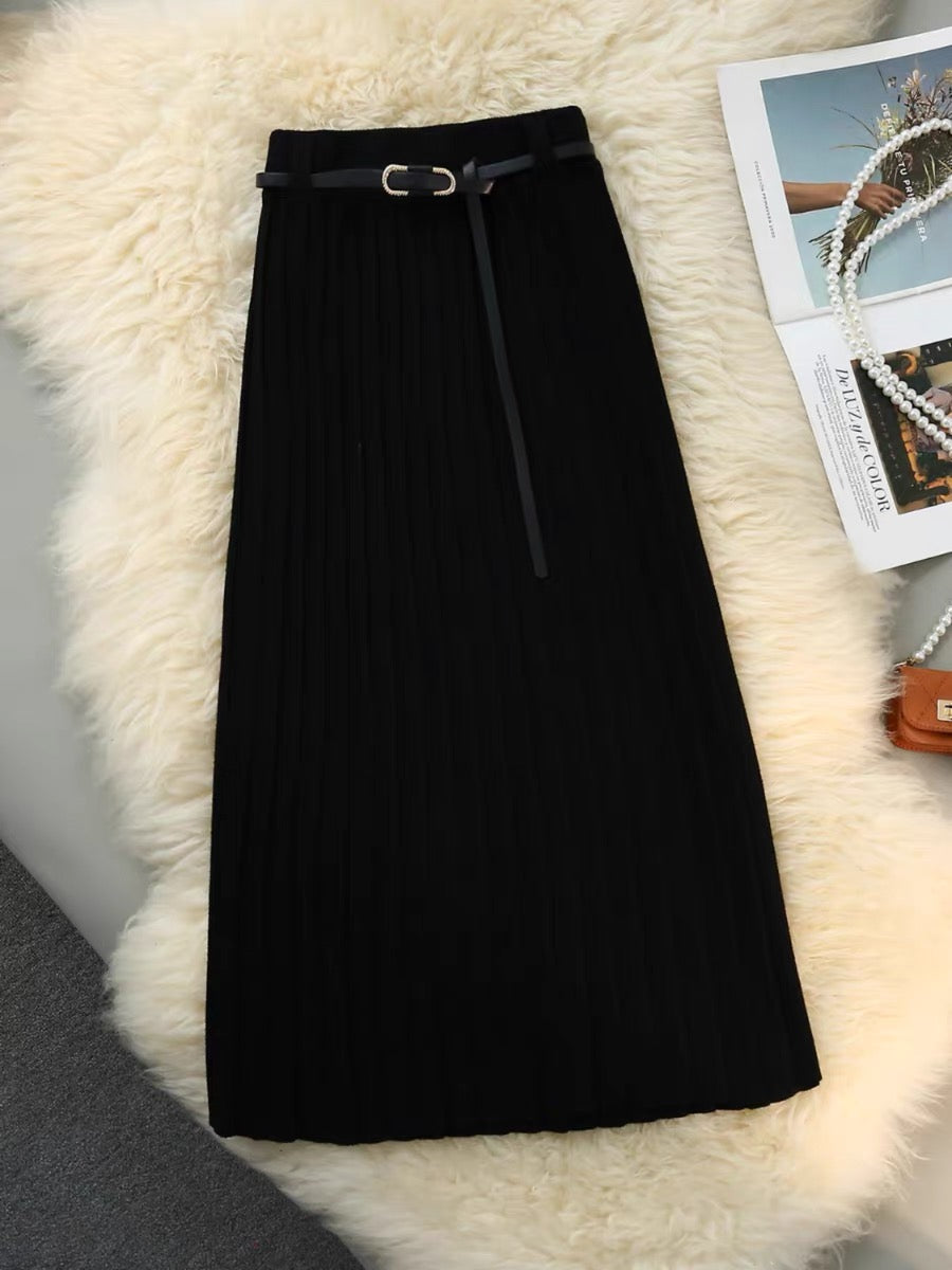 New belt design niche knitted skirt for women autumn and winter slimming pleated mid-length versatile high-waisted A-line skirt