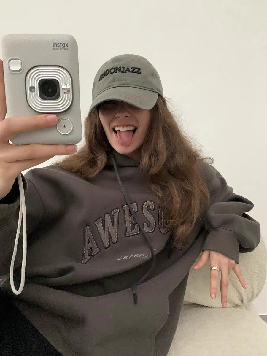 Zhou Miao ZHOUMIAO320G terry material embroidered letters hooded sweatshirt women's loose off-shoulder long-sleeved pullover top (T0926)