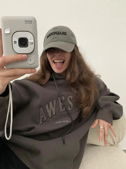 Zhou Miao ZHOUMIAO320G terry material embroidered letters hooded sweatshirt women's loose off-shoulder long-sleeved pullover top (T0926)