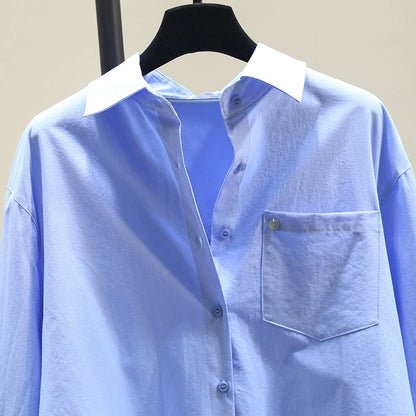 Blue Tencel cotton shirt women 2024 spring and autumn new Korean version loose slim long-sleeved shirt chic tops outer wear