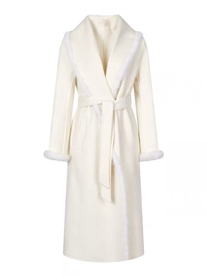 Shanxishuo wool cashmere double-sided nylon coat for women with mink fur lapel tie waist mid-length warm coat (B8899)