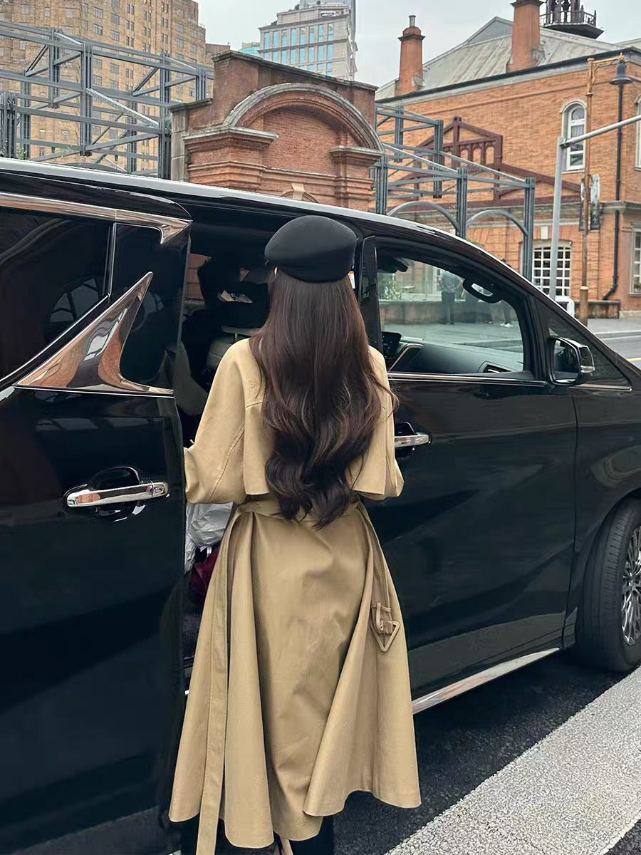 Shanxi said khaki high-end temperament pure cotton belt waist double-breasted raglan sleeves long windbreaker jacket for women (B8896)