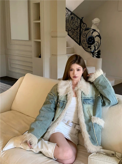 Wool splicing denim cotton coat women's winter retro washed loose lapel quilted cardigan cotton coat