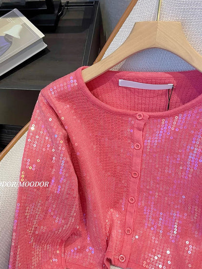 Red small fragrant sequined jacket short female autumn 2023 new high-end sense super good-looking explosive long-sleeved top