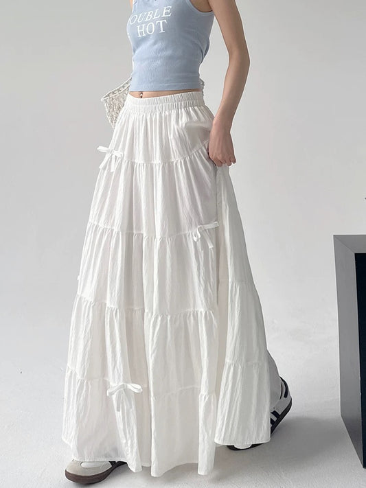 White skirt women 2024 summer new high waist retro loose bow temperament drape medium A-line skirt
