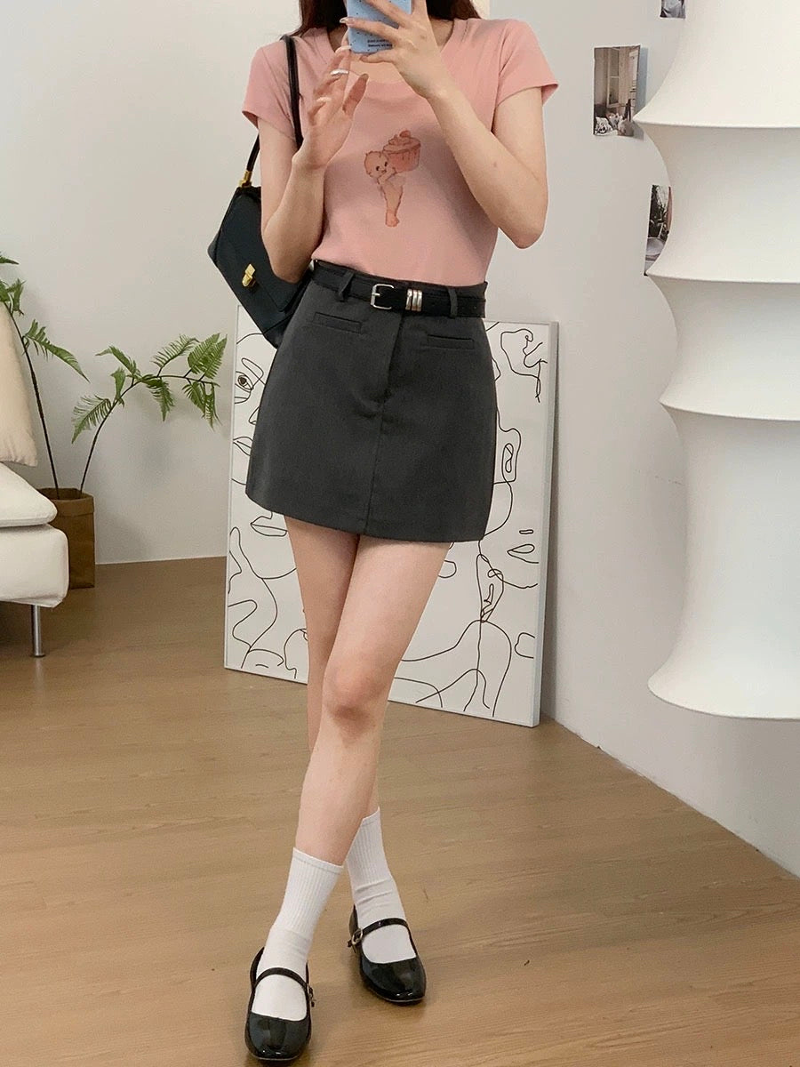 RENA with belt American girl college style high waist slim and small summer A-line anti-lost suit skirt