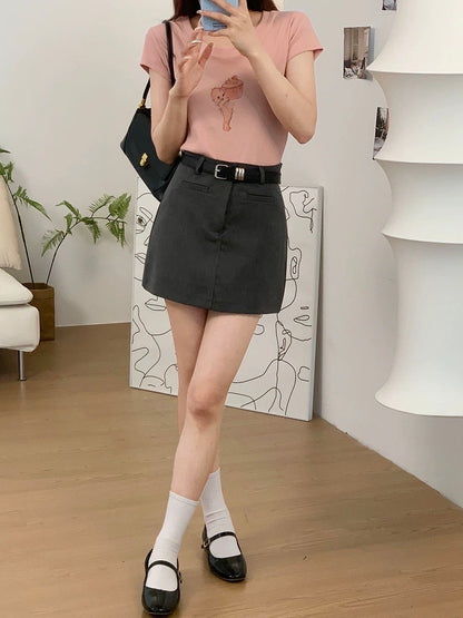 RENA with belt American girl college style high waist slim and small summer A-line anti-lost suit skirt