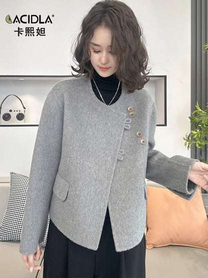 Short double-sided cashmere women's coat autumn and winter fashionable round neck slim retro buttoned woolen coat jacket top