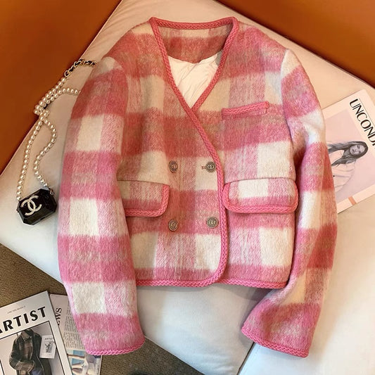 European Pink Plaid Jacket Women's Autumn and Winter 2023 New Sweet Korean Style Double-breasted Suit Top