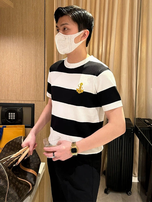 Fashion custom anchor embroidered short sleeves 2024 new summer new black and white striped sailor shirt slim fit t-shirt men