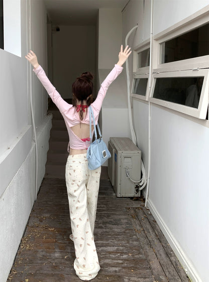 PPHOME printed straight pants ~ sweet and spicy bear printed high waist loose straight wide leg floor mopping denim trousers