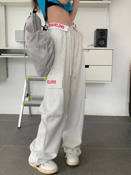 American hip-hop trendy brand sweatpants casual pants women's summer high-waisted slim straight pants wide-leg work pants sweatpants
